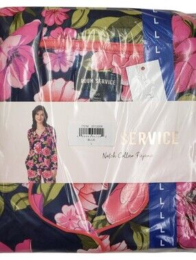 Room Service Pajama Set Women Notch Collar Blue (Floral) NWT
